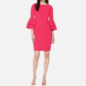 New Calvin Klein Scuba Crepe Tiered Bell Sleeve Sheath Dress in lipstick pink